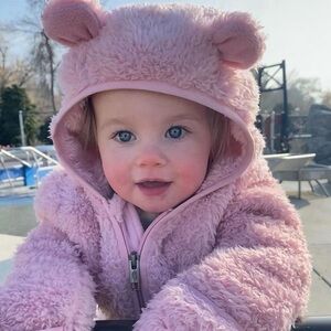 Pink Baby Bear Faux Fur Zip Up One Piece